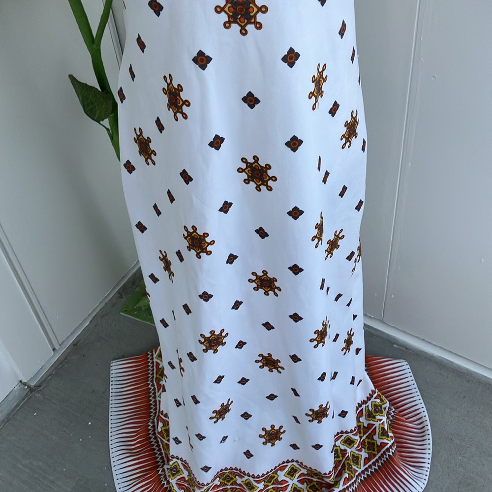 Vintage 60s 70s Alfred Shaheen Geometric Border Print White & Orange Maxi Dress - Picture 3 of 11